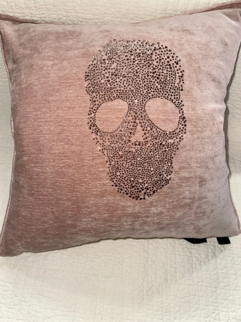 Magaschoni Halloween Blush Pink Velvet Rhinestone Skull Pillow 20x20
